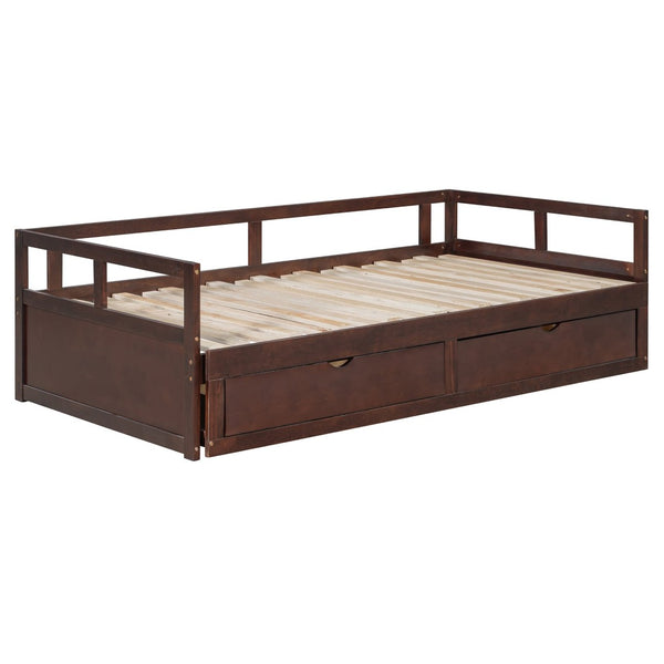 English Elm Wooden Twin to King Daybed with Trundle and Storage Drawers for Guest Rooms Espresso N708P336539P