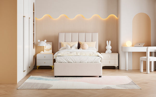 English Elm Twin Upholstered Hydraulic Storage Bed with Vertical Stripe Headboard, Space-Saving Modern Platform Beige SF000185AAA