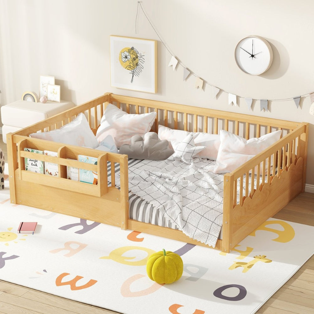 English Elm Twin Low Profile Kids Floor Bed Pine Wood Frame with Safety Rail and Built in Bookshelf Natural W1580P373141