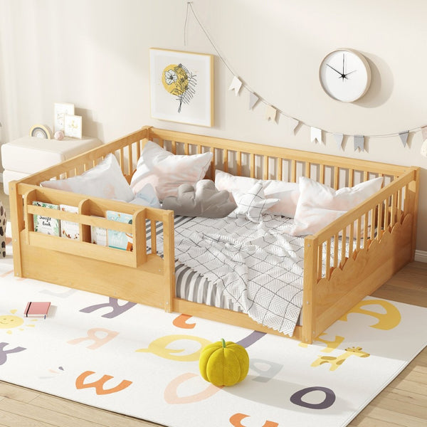 English Elm Twin Low Profile Kids Floor Bed Pine Wood Frame with Safety Rail and Built in Bookshelf Natural W1580P373141