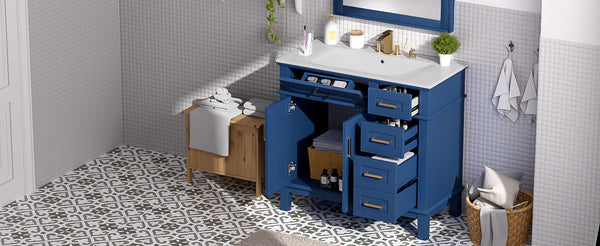 English Elm 36" Blue Modern Bathroom Vanity with Ceramic Sink, Solid Wood+MDF, Soft-Close Doors, 4 Drawers, Compact Elegance for Small Spaces N729P253935C