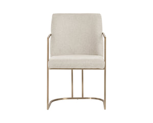 Sunpan Rayla Dining Armchair - Elegant Cantilever Design with Antique Brass Frame for Stylish Interiors Belfast Oatmeal