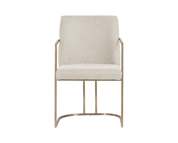 Sunpan Rayla Dining Armchair - Elegant Cantilever Design with Antique Brass Frame for Stylish Interiors Belfast Oatmeal