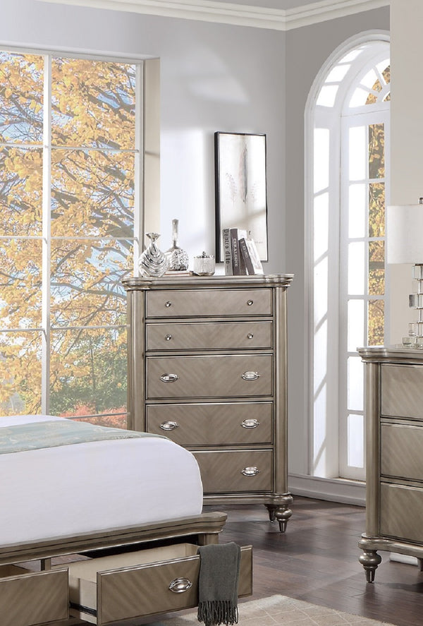 English Elm Luxury Classic 5-Drawer Chest of Drawers 38x19x56" Antique Silver Champagne Finish Bedroom Glam Storage B011P211032