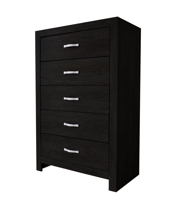 English Elm 1pc Contemporary Five-Drawer Chest with Wood Grain Finish, Slim Profile Storage Solution for Bedroom Black 34.25 L x 18.7 W x 52.17 H B011P368136