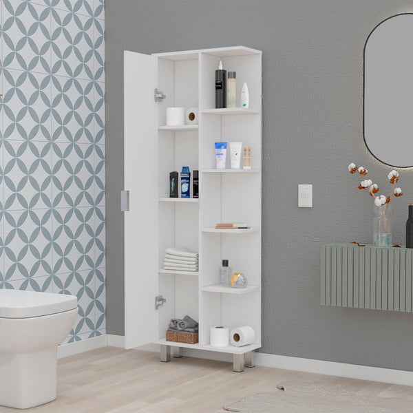 English Elm FM FURNITURE Randall Linen Cabinet White - Elegant 1-Door, 9 Shelves, Durable Particleboard Storage for Bathroom B128P321051