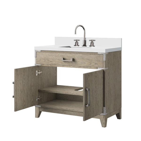 English Elm Grey Oak Single Bath Vanity With White Quartz Top, Chrome Faucet & Soft-Close Doors - Modern Style B2731P259799