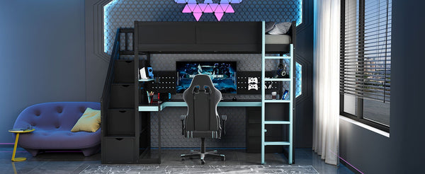 English Elm Full Size Gaming Loft Bed with Led Lighting Desk Shelves and Usb Charging Ports N820S00070C