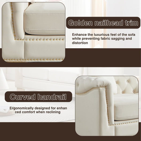 English Elm {video] Chesterfield Two-seater Velvet Sofa with Nailhead Trim and Tufted Gold Leg Luxury Beige W1926S00093