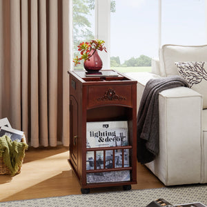 English Elm Powered Narrow End Table with Charging Station, Walnut Bedside Table with Wheels, USB Ports, Storage W1693P227261