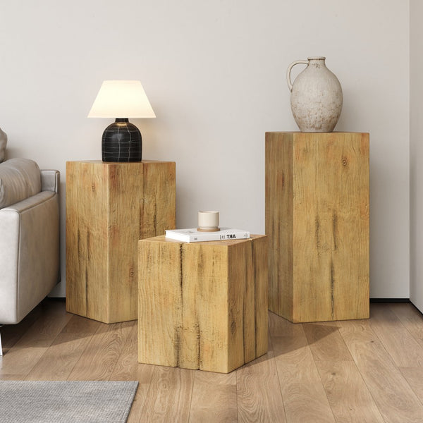 English Elm Christopher Knight Home® - Retro Square-Column Side Table Set with Wood-Look MGO Finish, Stackable End Tables for Living Room Natural N770S372N98N99N