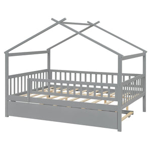 English Elm Full Size Pine House Bed with Roofline Frame and Roll Out Twin Trundle for Kids Gray LP100306AAE