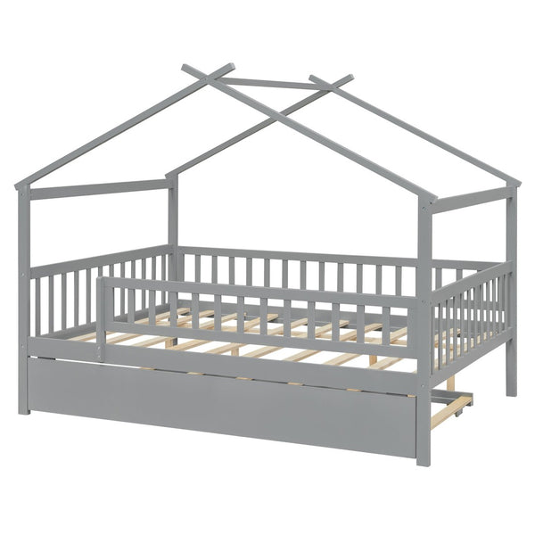 English Elm Full Size Pine House Bed with Roofline Frame and Roll Out Twin Trundle for Kids Gray LP100306AAE