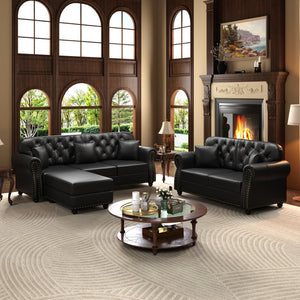 English Elm Upholstered Faux Leather Chesterfield Sofa with Button Tufting Nailhead Trim and Pillows Black W1885S00436