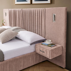 English Elm Queen Upholstered Bed Frame With Chenille Fabric, Pleated Headboard & Built-In Nightstand - Pink W487S00399-GIGA