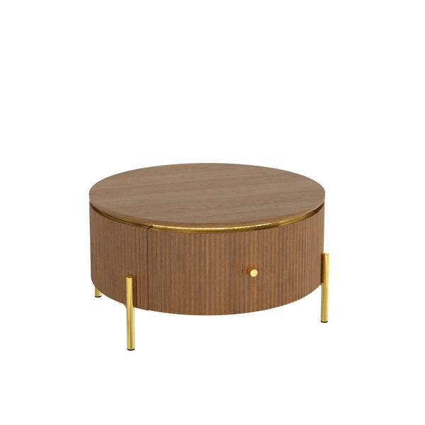 English Elm Modern Round Coffee Table with Gold Legs Two Drawers Brown Mdf Living Room N735P338995D