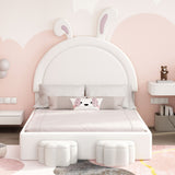 English Elm Full Size Upholstered Rabbit-Shape Bed With 2 Storage Stools, Velvet Platform Bed With Cartoon Ears Shaped Headboard, White