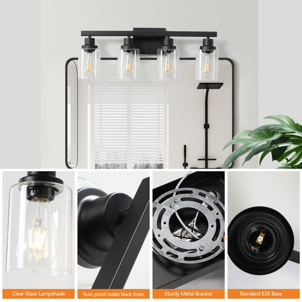English Elm (Same As W1340P197620/L001010-B4) 24" Black Industrial 4-Light Bathroom Vanity Sconce With Clear Glass Shades & Style W1340P206682