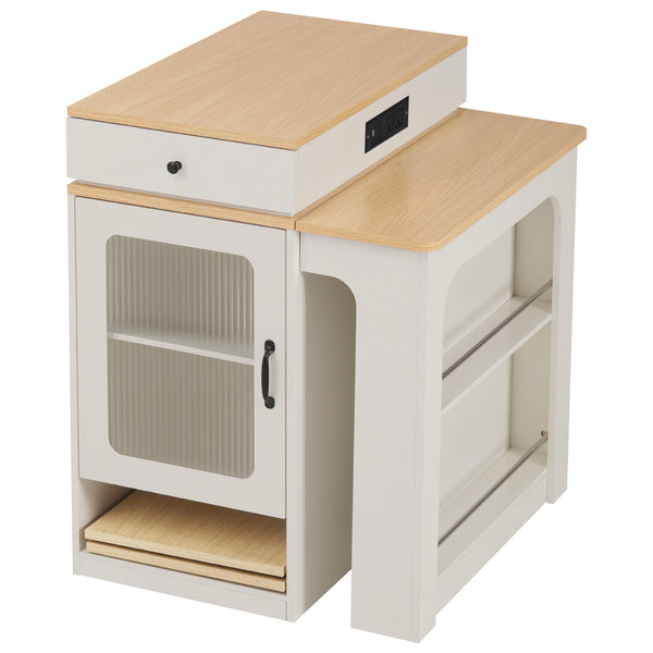 English Elm K&K Modern Extendable 59.5" Kitchen Island with Double-Sided Storage, Power Outlet & Casters White N707S000017W