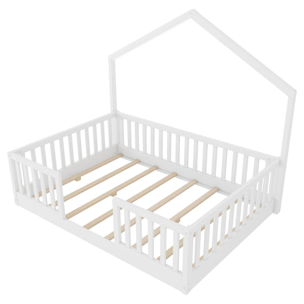 English Elm Twin Montessori Floor Bed House Frame with Led Lighting and Safety Rails for Kids White W2593P440604