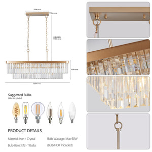 English Elm Chandeliers,Rectangular Crystal Chandelier Adjustable Modern Industrial Iron Frame Pendant Light for Kitchen Dining Room Bedroom PMID Gold W2312P368691