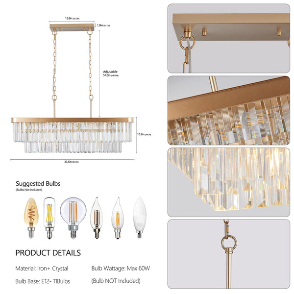 English Elm Chandeliers,Rectangular Crystal Chandelier Adjustable Modern Industrial Iron Frame Pendant Light for Kitchen Dining Room Bedroom PMID Gold W2312P368691