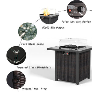 English Elm 28 28 Inch Propane Fire Pit Table with 50,000 BTU Stainless Burner, Rattan Look, Tempered Glass Top & Windscreen Brown W861P211923