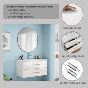 English Elm 36-Inch Modern Wall-Mounted Bathroom Vanity With Ceramic Sink, Gold Handle, Easy Installation & Storage W3151S00055
