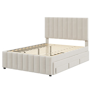 English Elm Full Upholstered Platform Bed with Twin Trundle and 3 Drawers, Linen Comfort, Sturdy Wood Frame Beige SF000249AAA