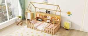 English Elm Twin House Bed with LED Light and Built-In Bookshelf, Solid Wood Playhouse Design for Kids Safety Natural 78.15 L x 15.75 W x 6.1 H W2593P269092