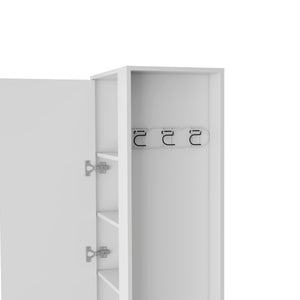 English Elm Storage Cabinet 72"H White with Six Shelves, Single Door, Three Broom Hangers & Sturdy Metal Handle Organize Efficiently B097133000