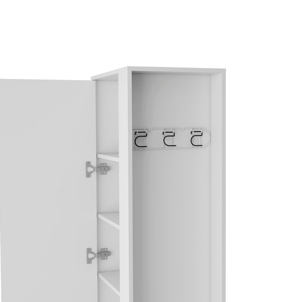 English Elm Storage Cabinet 72"H White with Six Shelves, Single Door, Three Broom Hangers & Sturdy Metal Handle Organize Efficiently B097133000