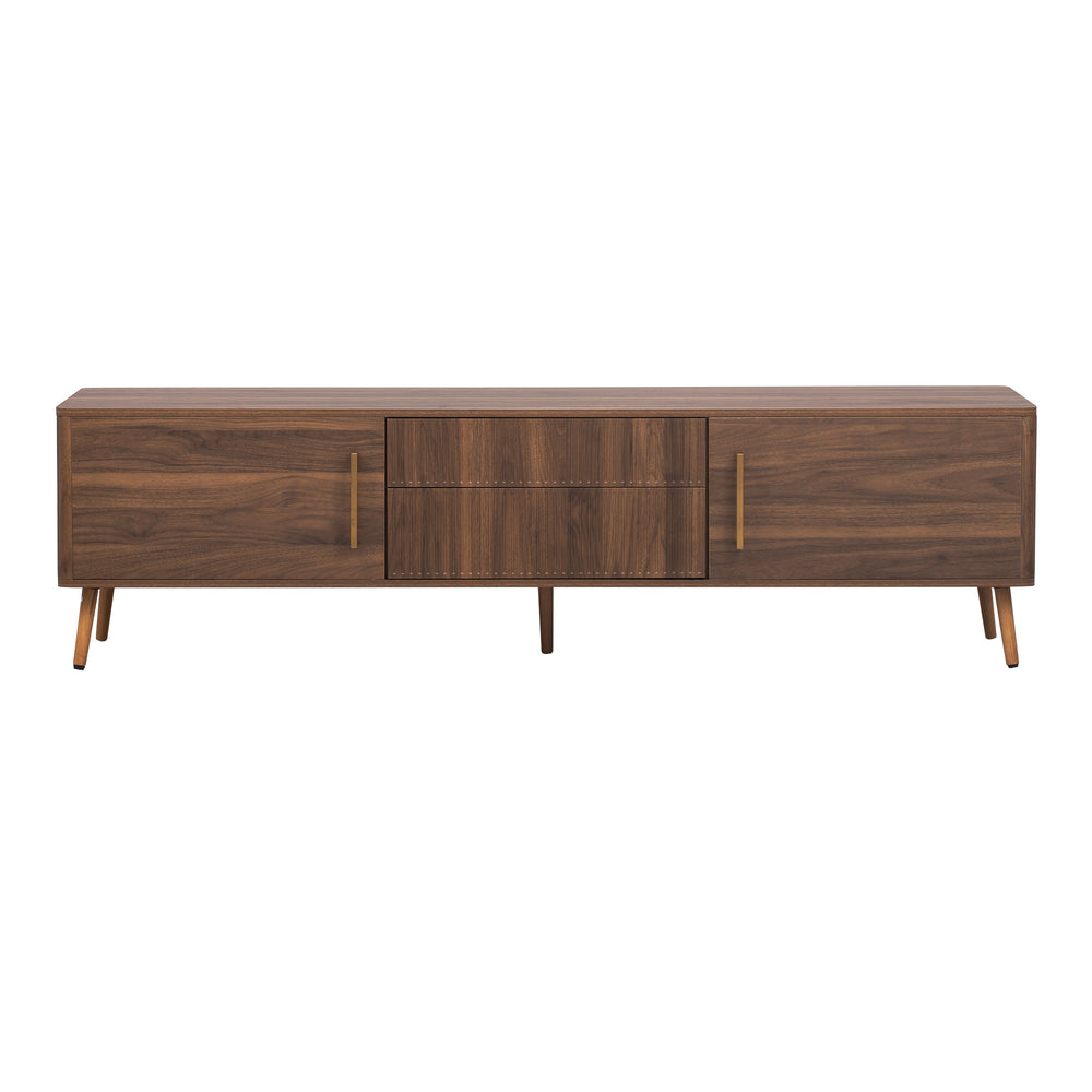 English Elm Mid Century TV Stand Walnut Finish with 2 Drawers, Cable Management, Solid Wood Legs, 80'' Safe Storage and Style N710P222772P