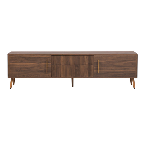 English Elm Mid Century TV Stand Walnut Finish with 2 Drawers, Cable Management, Solid Wood Legs, 80'' Safe Storage and Style N710P222772P