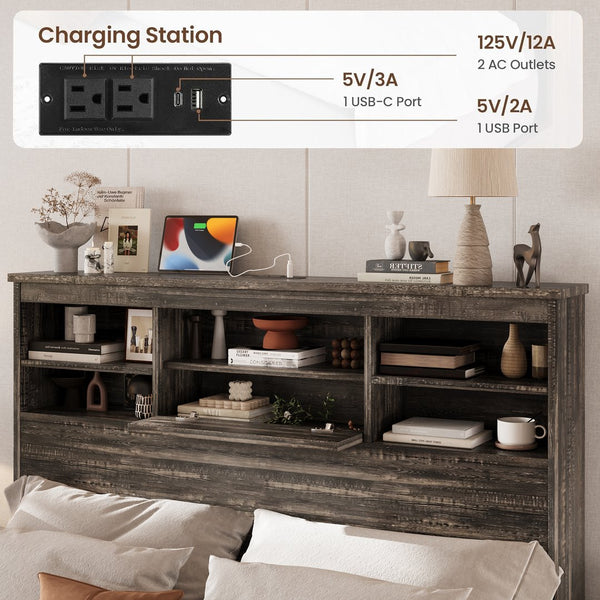 English Elm 4PCS Queen Bedroom Set with Storage Headboard & Built‑In Charging Station, 2 Nightstands, Dresser Antique Gray 54.25 L x 18.75 W x 9.25 H N733S307937A