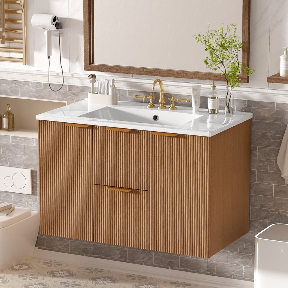 English Elm [video]36 Inch Floating Bathroom Vanity with Ceramic Sink Mdf Cabinet Soft Close N729P417256N