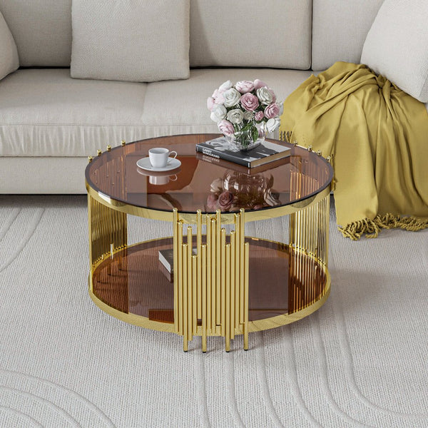 English Elm 31.5inch Modern Luxury Gold Coffee Table with Two-Tier Storage, Tempered Glass Top, Elegant Crown Design Dark Brown W1550P171485