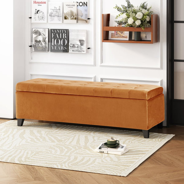 English Elm Christopher Knight Home® - Storage Ottoman with Velvet Upholstery and Birch Legs — 50.5" Rectangular Bench with Hidden Storage, Multiroom Use Burnt Orange N778P185125A