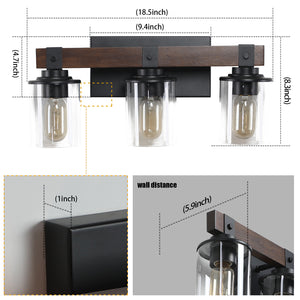 English Elm (Same As W1340119955/L1015) 19" Rustic 3-Light Vanity Light – Farmhouse Wall Sconce With Wood Accents & Glass Shades W1340P206654