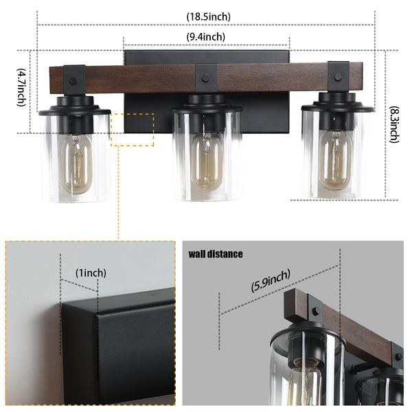 English Elm (Same As W1340119955/L1015) 19" Rustic 3-Light Vanity Light – Farmhouse Wall Sconce With Wood Accents & Glass Shades W1340P206654