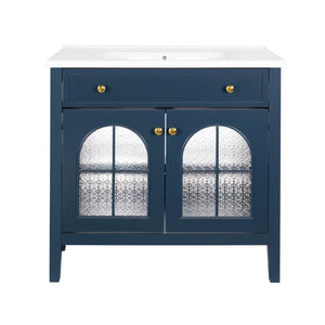 English Elm 35.6" Freestanding Bathroom Vanity with Roman Column Base and Ceramic Integrated Sink Blue W1801S00013