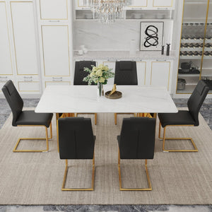 English Elm Table With Glass Top & 6 Elegant Chairs - Modern Marble Pattern, Gold Legs, Comfortable Pu Seats W1151S04347-GIGA