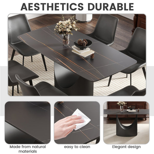 English Elm 63" Modern Dining Table With Curved Black Stone Top & Sturdy Iron Legs For 6-8 People Gatherings W1535S00559