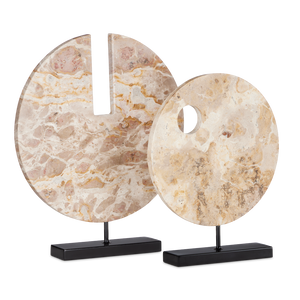 Wes Marble Disc - Unique Tan Stone Sculpture with Black Metal Base, Perfect for Contemporary Decor