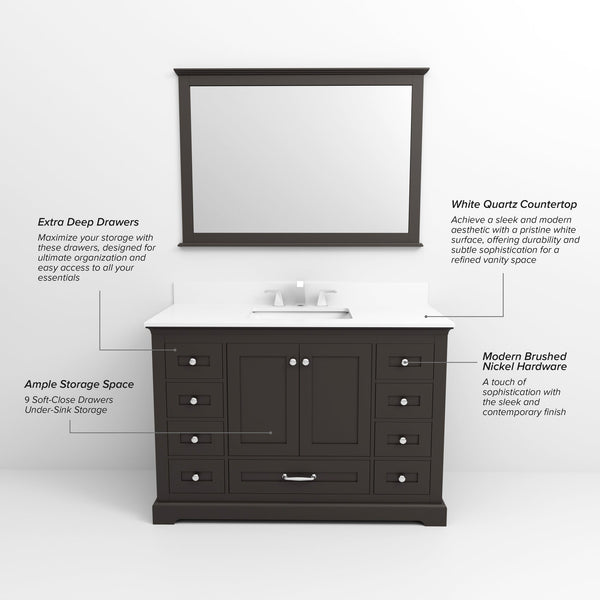 English Elm Espresso 48 in Single Bath Vanity with White Quartz Top, Solid Wood, Soft-Close Drawers, Storage Durable B2731P258229