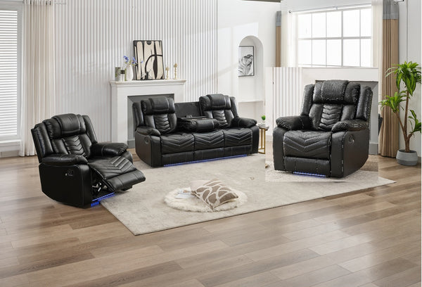 English Elm Power M073 3+1+1 Sofa with Dual Recliners, Wireless Charger, USB, AC, Bluetooth Speaker, LED Lights W1805S00098