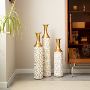 English Elm Floor Modern Metal Vase Set Of 3 – Luxe White With Gold Accents For Stylish Home Décor & Elegance W2796P255600