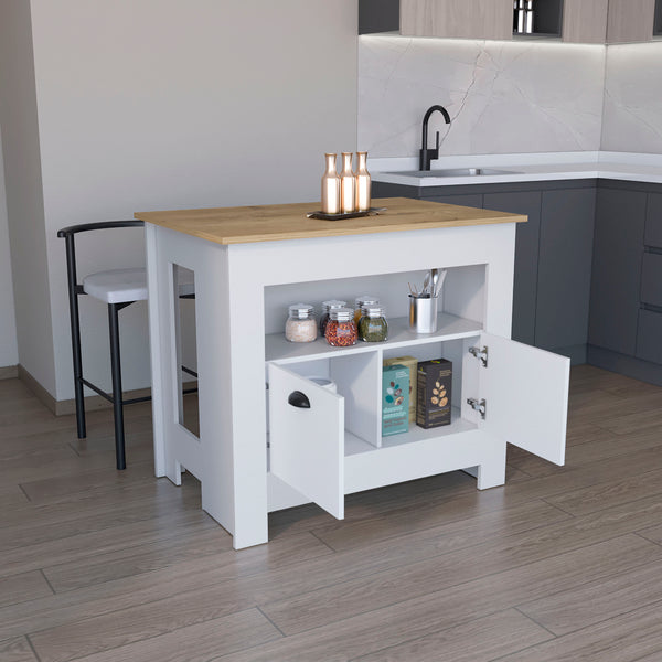 English Elm Floyd 35" H Kitchen Island with 2 Doors & 3 Shelves, White/Macadamia Finish, Engineered Wood Storage Solution B097P199732