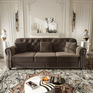 English Elm Upholstered Velvet Chesterfield Sofa with Button Tufting Nailhead Trim and Ottoman Brown W1885S00395