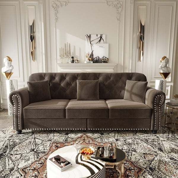 English Elm Upholstered Velvet Chesterfield Sofa with Button Tufting Nailhead Trim and Ottoman Brown W1885S00395